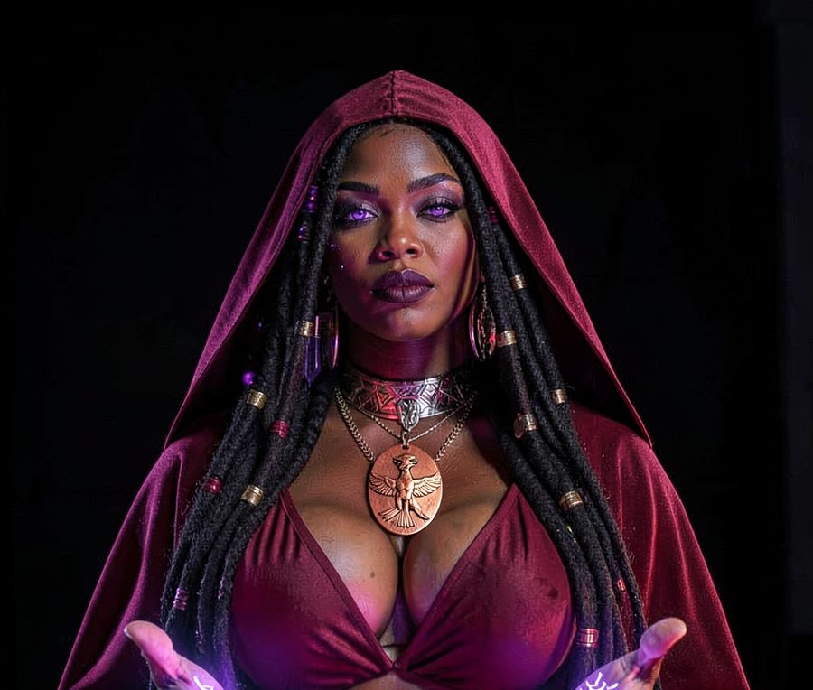 Tara in her crimson goddess robe with a copper Birdman medallion